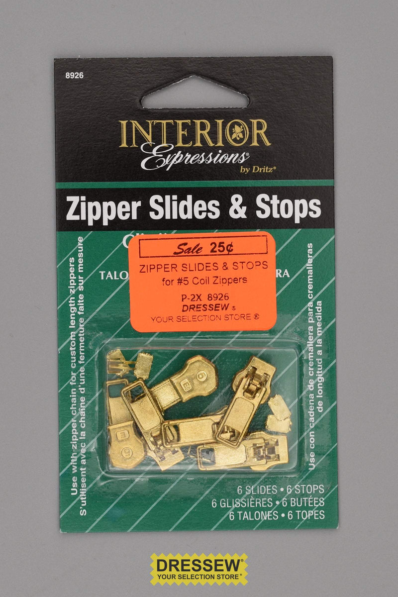 Zipper Slides & Stops for 5 Coil Zippers Gold Dressew Supply Ltd.