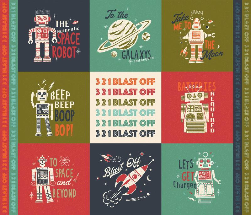 321 Blast Off Space Square Panel By Stacy Iest Hsu For Moda