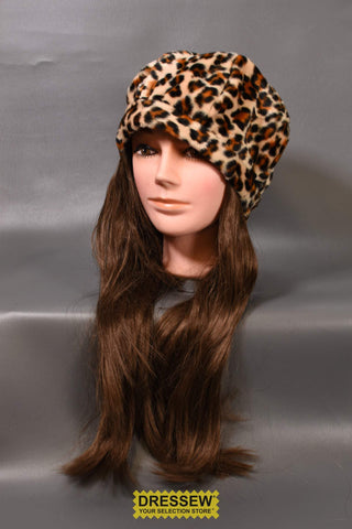 Animal Print Hat with Hair Brown