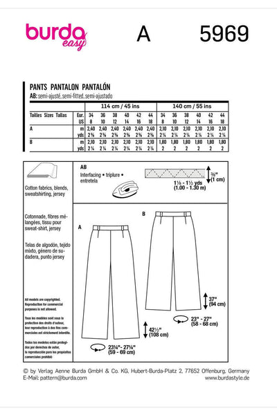 Burda - 5969 Misses' Wide Leg Pants with Back Elastic Waistband