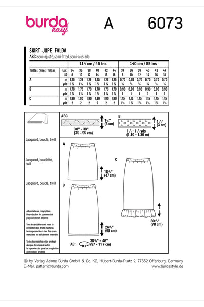 Burda - 6073 Skirt in Three Lengths with Elastic, Slim Shape