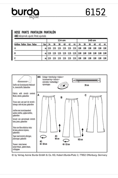 Burda - 6152 Flared Trousers or Pants With Waistband & Side Zipper
