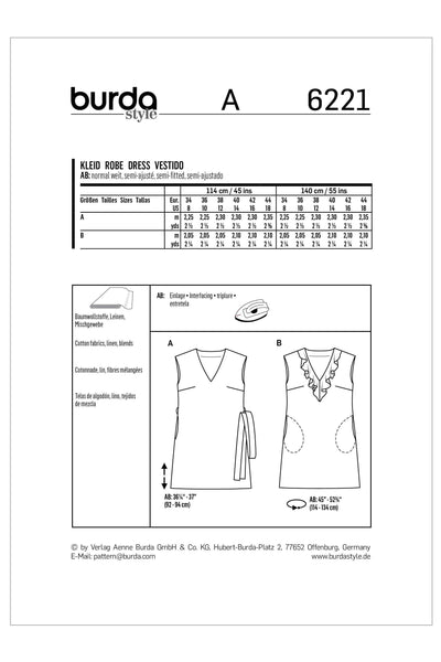 Burda - 6221 Sleeveless Dress with V–Neck