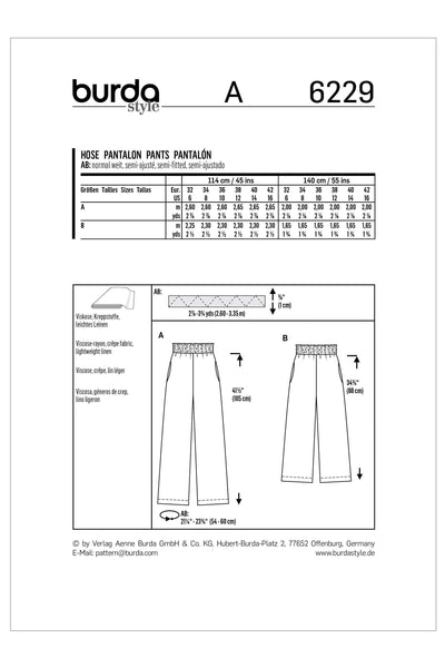 Burda - 6229 Trousers/Pants with Elastic Waist