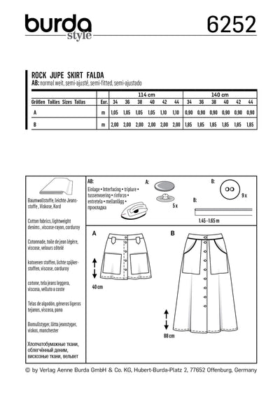 Burda - 6252 Skirt - Flared - Front Button Down Fastening
