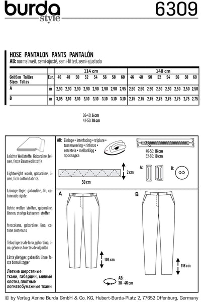 Burda - 6309 Basic Pants/Trousers with Back Elastic Casing - Cone Shape