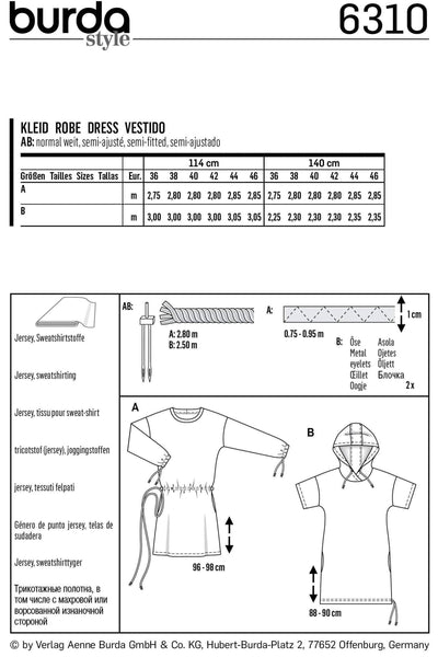 Burda - 6310 Shirt Dress - Hooded Dress - Drawstring Casing