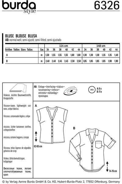 Burda - 6326 Shirt Blouse - V-Neck with Neckline Band - B with Collar