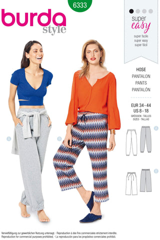 Burda - 6333 Jogging Pants with Elastic and Drawstring Waist - Pockets