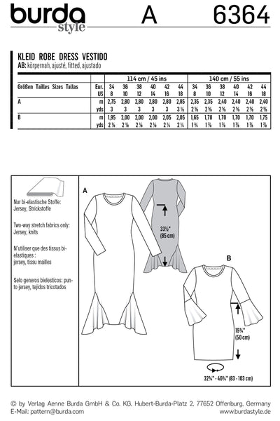 Burda - 6364 Long Dress with Side Godets - Shirt Dress with Sleeve Flounces