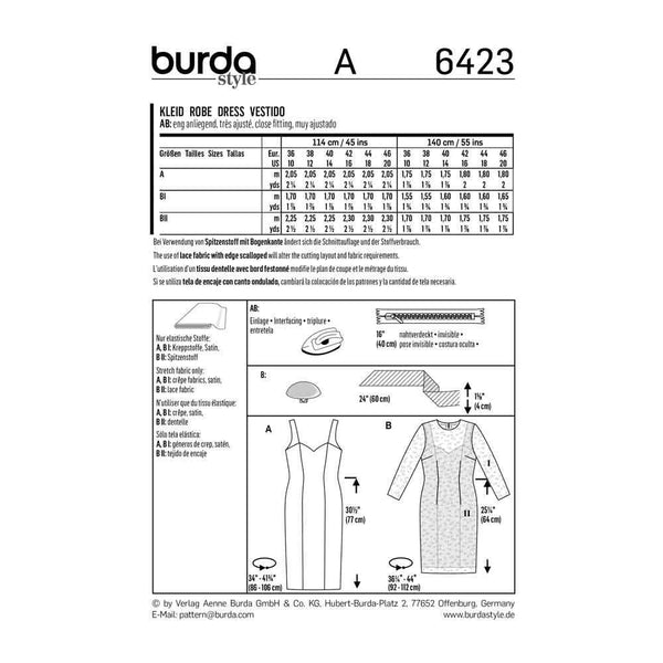 Burda - 6423 Strap Dress - Lace Dress with 3/4-Sleeves