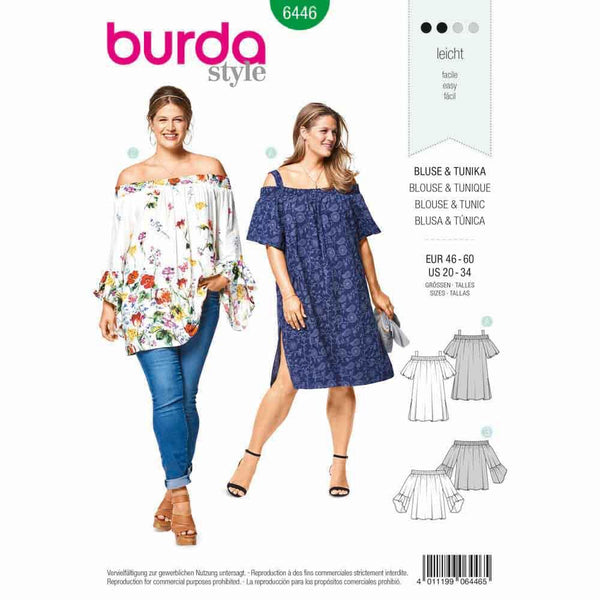 Burda - 6446 Blouse, Tunic Top - Shirred Neckline, Sleeve Frills