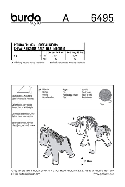 Burda - 6495 Stuffed Animals - Horse/Unicorn