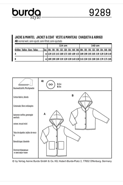 Burda - 9289 Children's Jackets With Hood