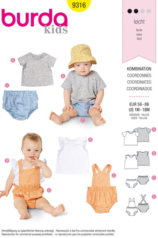 Burda - 9316 Baby Shirt - Top - Wide-Leg Panties - Bibbed Shorts