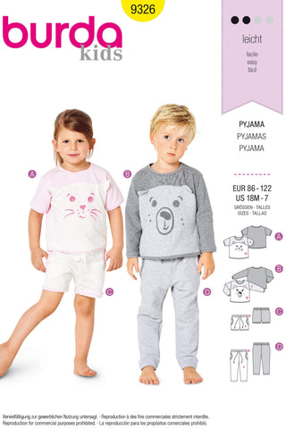 Burda - 9326 Child Pyjamas - Top - Elastic Waist Bottoms - Shorts