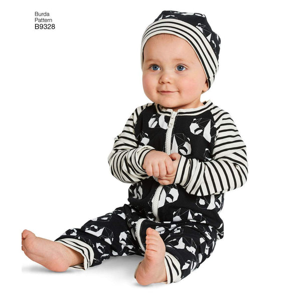 Burda - 9328 Baby Rompers- Hat - Headband