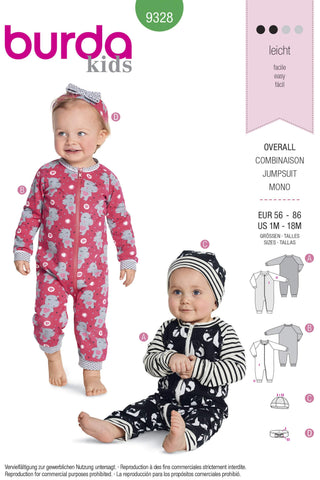 Burda - 9328 Baby Rompers- Hat - Headband