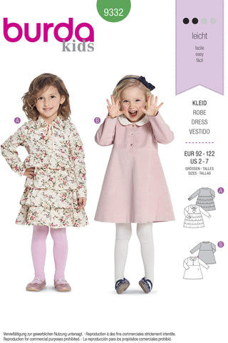 Burda - 9332 Empire Waist Dress with Frilled Skirt or Flared Skirt