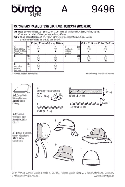 Burda - 9496 Child Caps / Hats