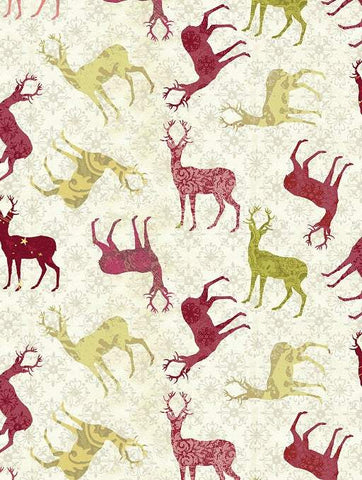 Christmas Magic Digital Patterned Deer By Kelly Rae Roberts For Benartex Digital Ivory / Red