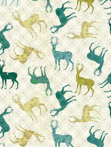 Christmas Magic Digital Patterned Deer By Kelly Rae Roberts For Benartex Digital Ivory / Teal