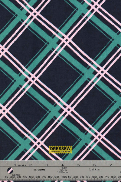 Diagonal Plaid Flannelette Navy / Emerald / Pink