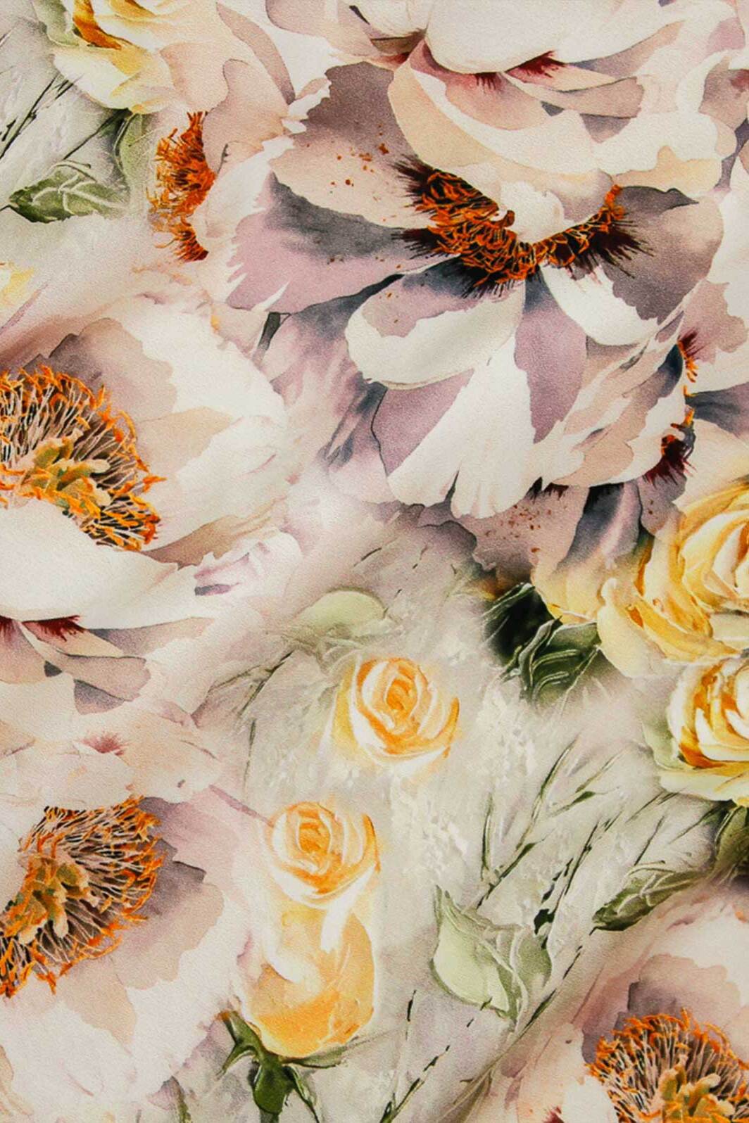 Digital Floral Bouquet Satin Light Yellow / Multi