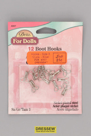 Doll Mini Boot Hooks Size 3 Silver