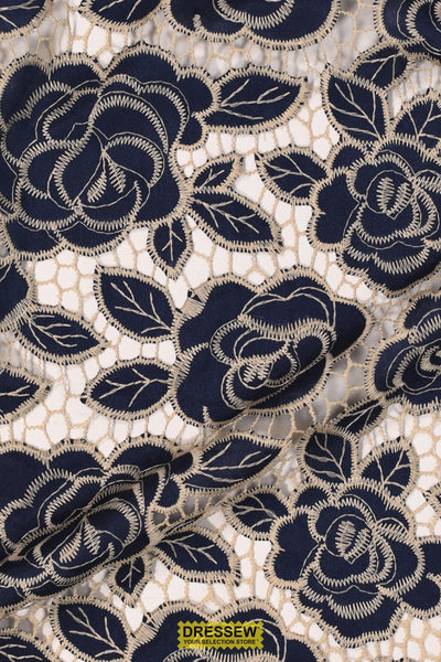 Embroidered Rose Lace Navy / Sand