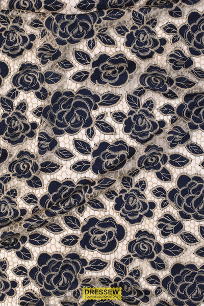Embroidered Rose Lace Navy / Sand