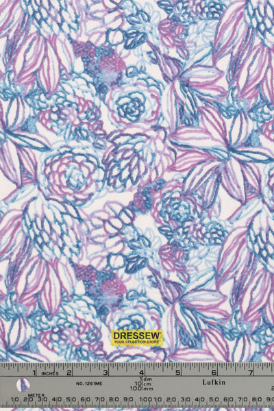 Floral Doodle Flannelette White / Blue / Orchid