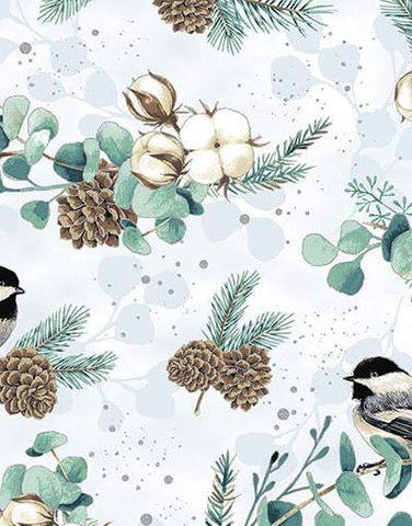 Fly Home For Winter Chickadees & Foliage By Hoffman Pale Blue / Metallic