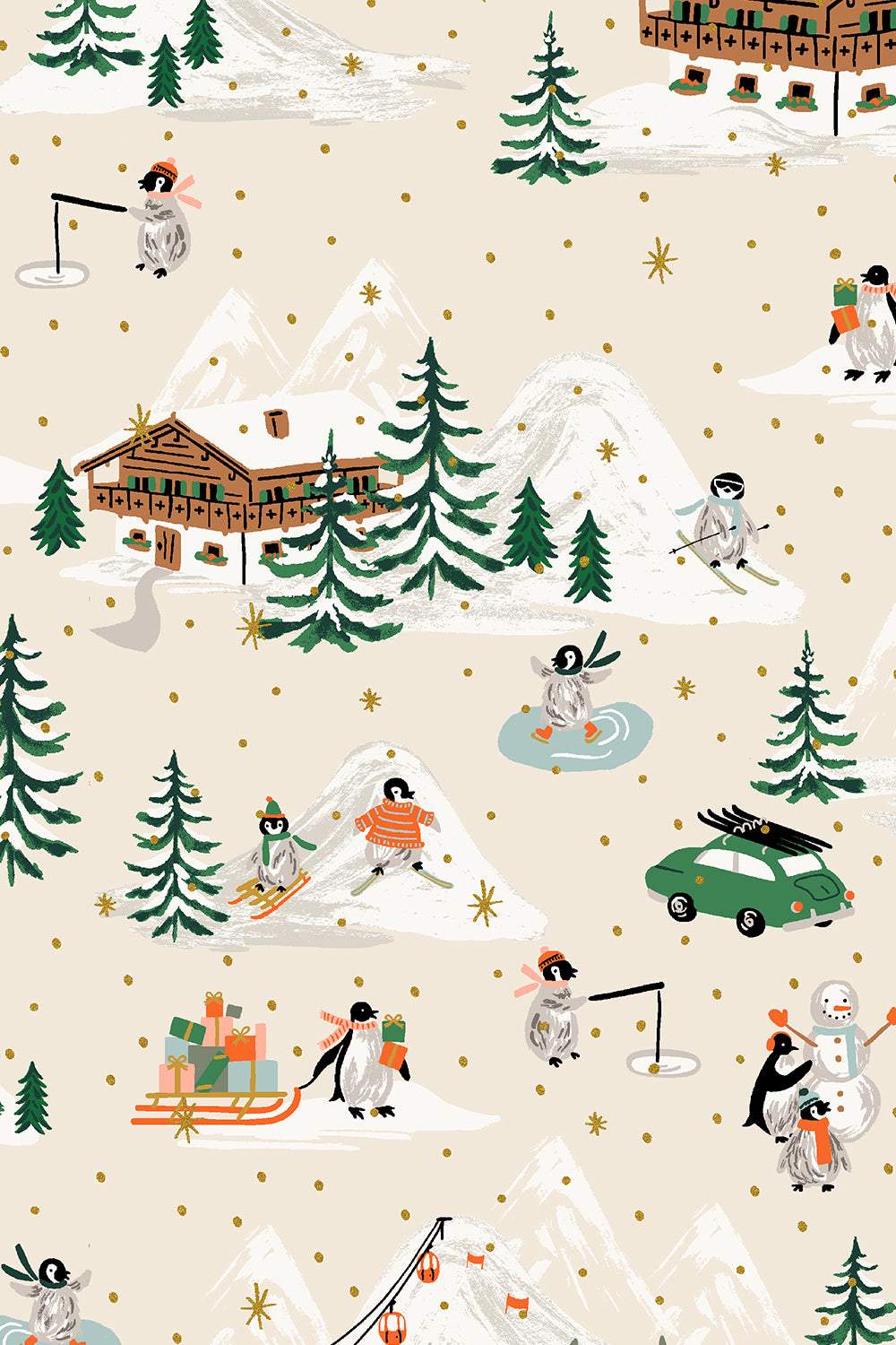 Holiday Classics IV Penguin Village By Rifle Paper Co. For Cotton + Steel Cream / Metallic Gold