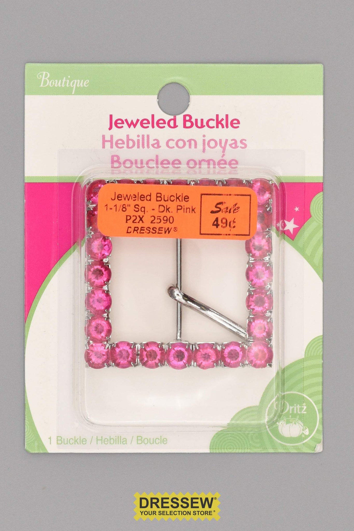 Jeweled Buckle 1-1/8" Square Dark Pink