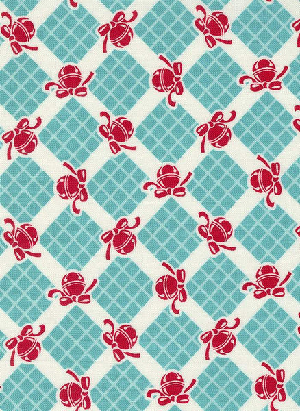 Kitty Christmas Bells and Checks By Urban Chiks For Moda Frost Turquoise
