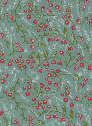 Merrymaking Winter Berries By Gingiber For Moda Vintage Blue / Metallic