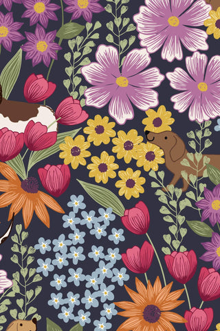 Paws And Claws Dogs In Flowers By Lewis & Irene Dark Blue