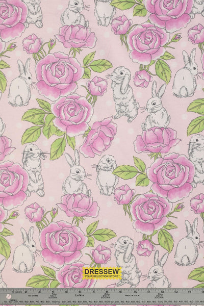 Rabbits & Roses Flannelette Pink / Lime