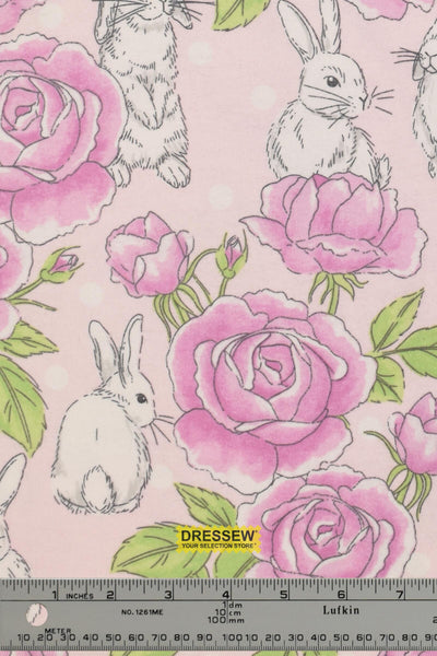 Rabbits & Roses Flannelette Pink / Lime