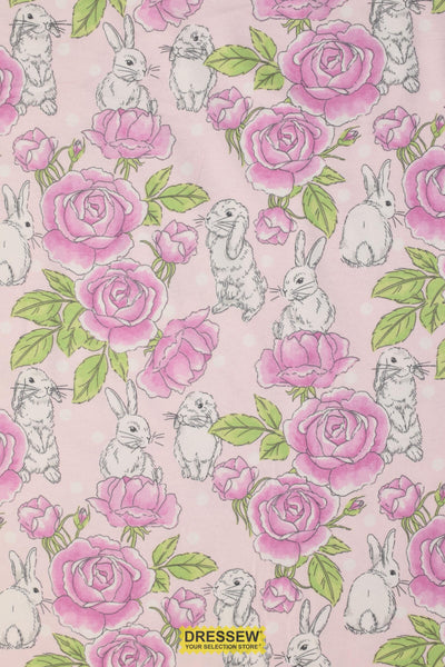 Rabbits & Roses Flannelette Pink / Lime