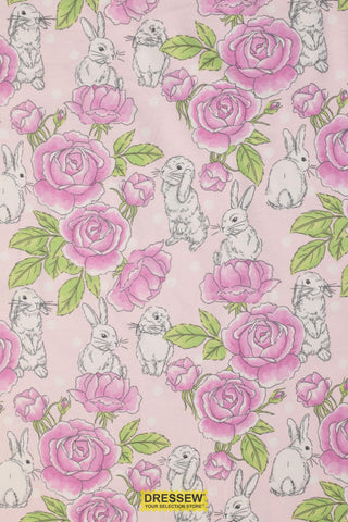 Rabbits & Roses Flannelette Pink / Lime
