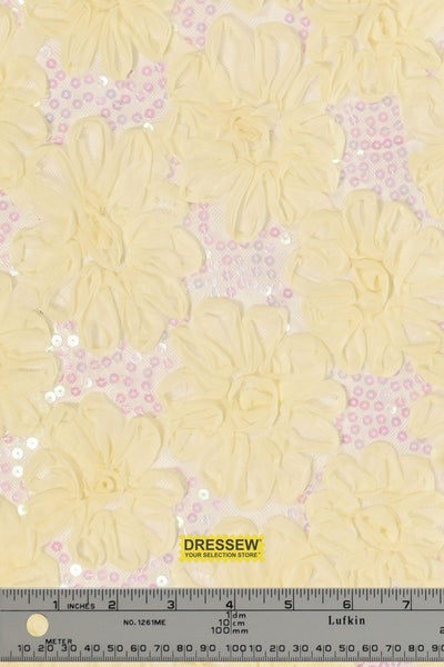 Ribbon Floral Sequin Lace Pale Yellow