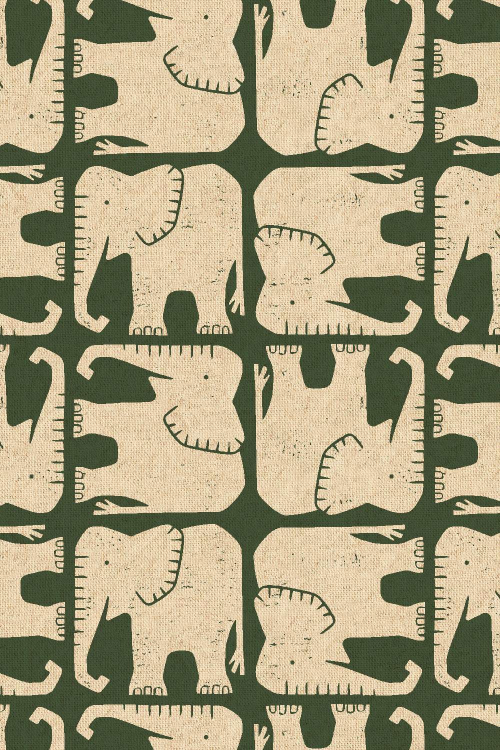 Rising Sun Canvas Jolly Elephant By Loes van Oosten for Cotton + Steel Fabrics Unbleached / Hunter