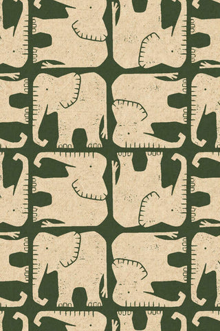 Rising Sun Canvas Jolly Elephant By Loes van Oosten for Cotton + Steel Fabrics Unbleached / Hunter