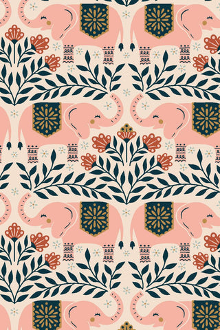 Savanna Happy Elephants By Carys Mula For Cotton + Steel Fabrics Lucky Pink