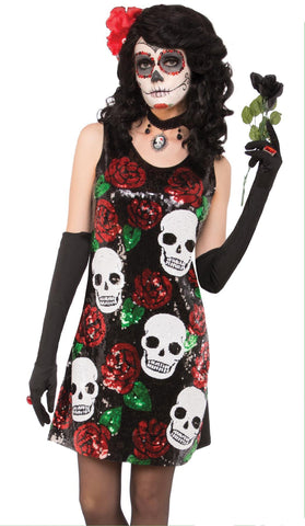 Sequin Skull & Rose Dress Adult - Medium / Large