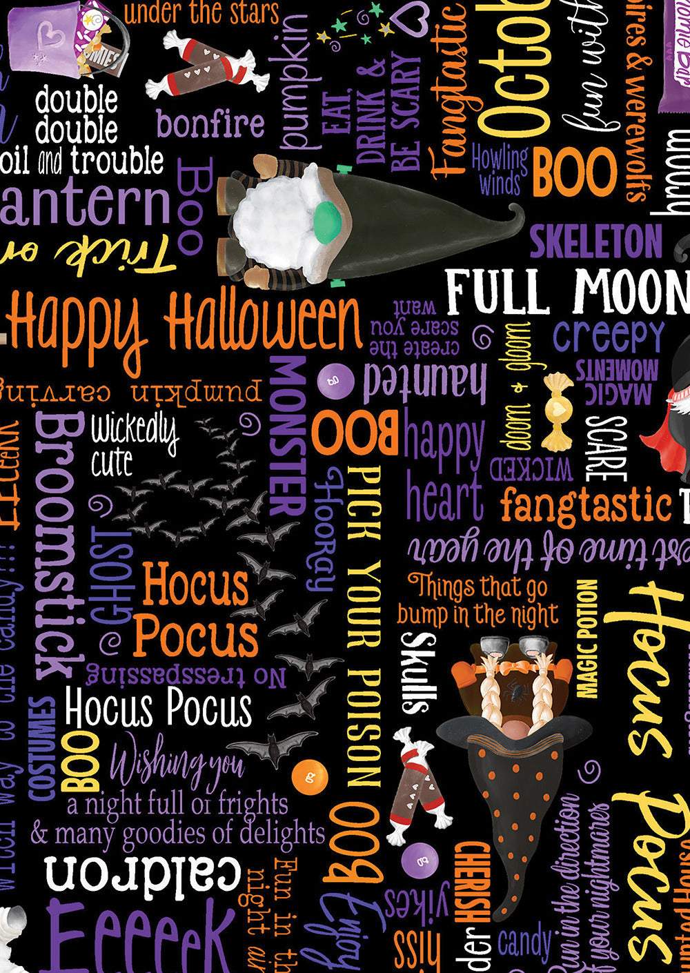 Spooktacular Gnomes Hocus Pocus Words Digital By Kanvas Studio For Benartex Black