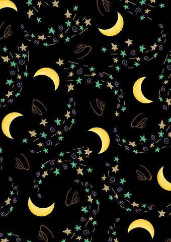 Spooktacular Gnomes Moon & Stars Swirl Digital By Kanvas Studio For Benartex Black