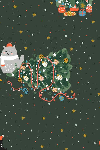 Twas The Night Before Catmas Rockin' Around The Catmas Tree By Calli And Co. For Cotton + Steel Hunter / Metallic